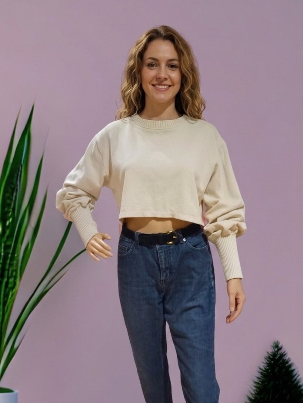 Zara Women's Cream Balloon Sleeves Cropped Knit Sweater